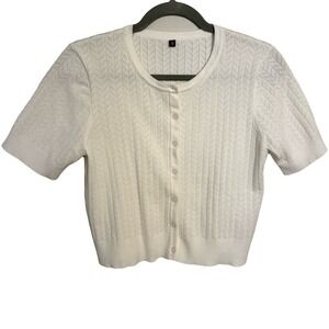 Pointelle Knit Short Sleeve Button Cardigan Sweater Cottagecore White Medium